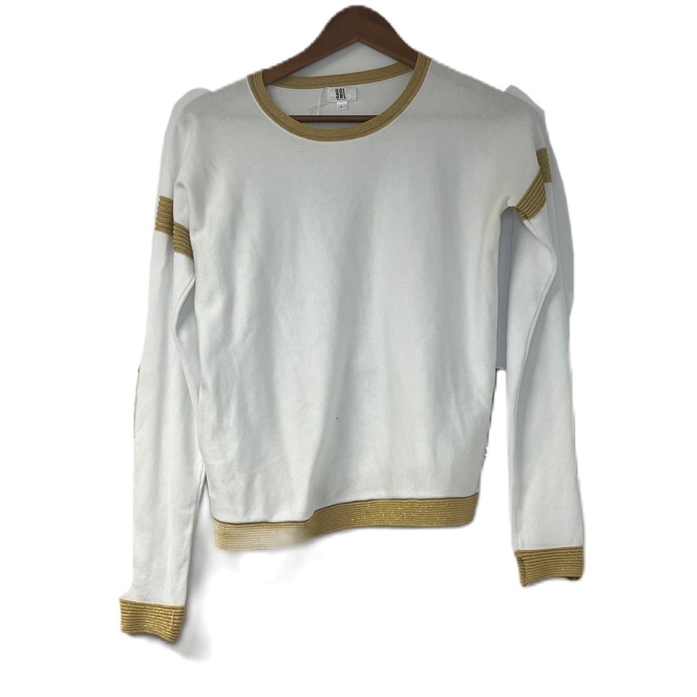 Yal Woman's white & gold trim long sleeve blouse neutral classic business casual